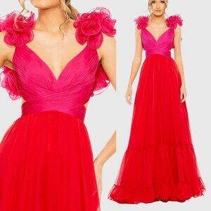 Mac Duggal 68522 Size 4 Pink Red Ruffled Tiered Cut Out Corset Back Chiffon Gown